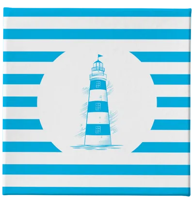 Blue and white stripped rigid box with a light house logo