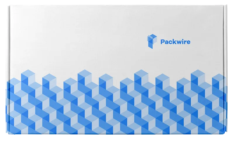 White and blue custom mailer box with Packwire branding
