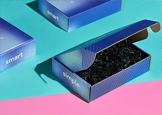 Open custom mailer box with striped exterior and printed interior lid