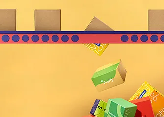 Colorful custom shipping boxes on conveyor belt showcasing branded RSC designs